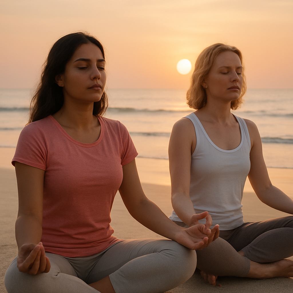 Two women practicing mantra meditation at sunrise on the beach