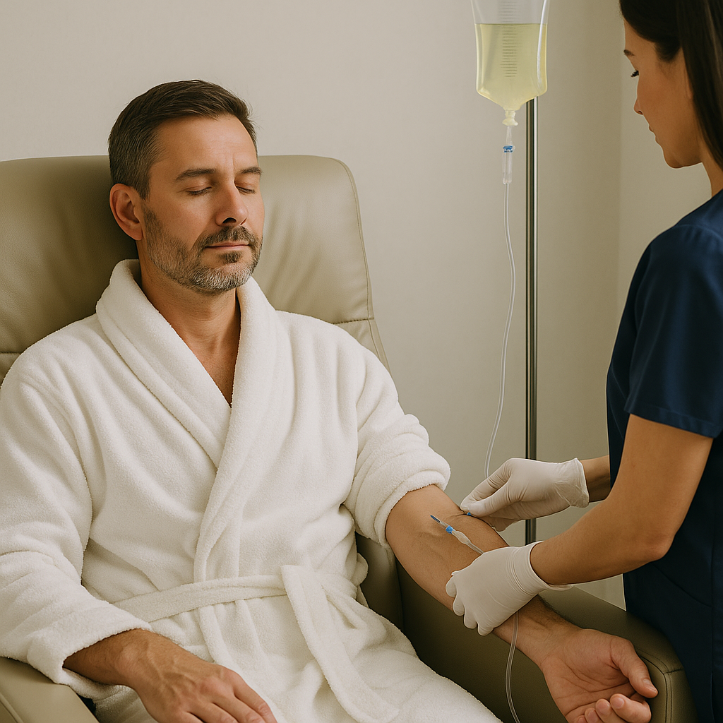Man receiving NAD+ IV Therapy supplementation via IV drip