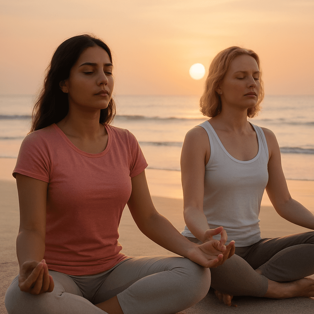 Two women practicing mantra meditation at sunrise on the beach